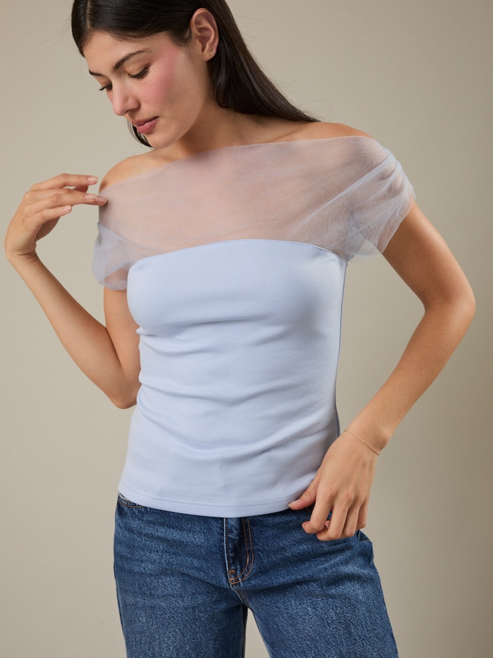 Sheer Off-Shoulder Light Blue Top